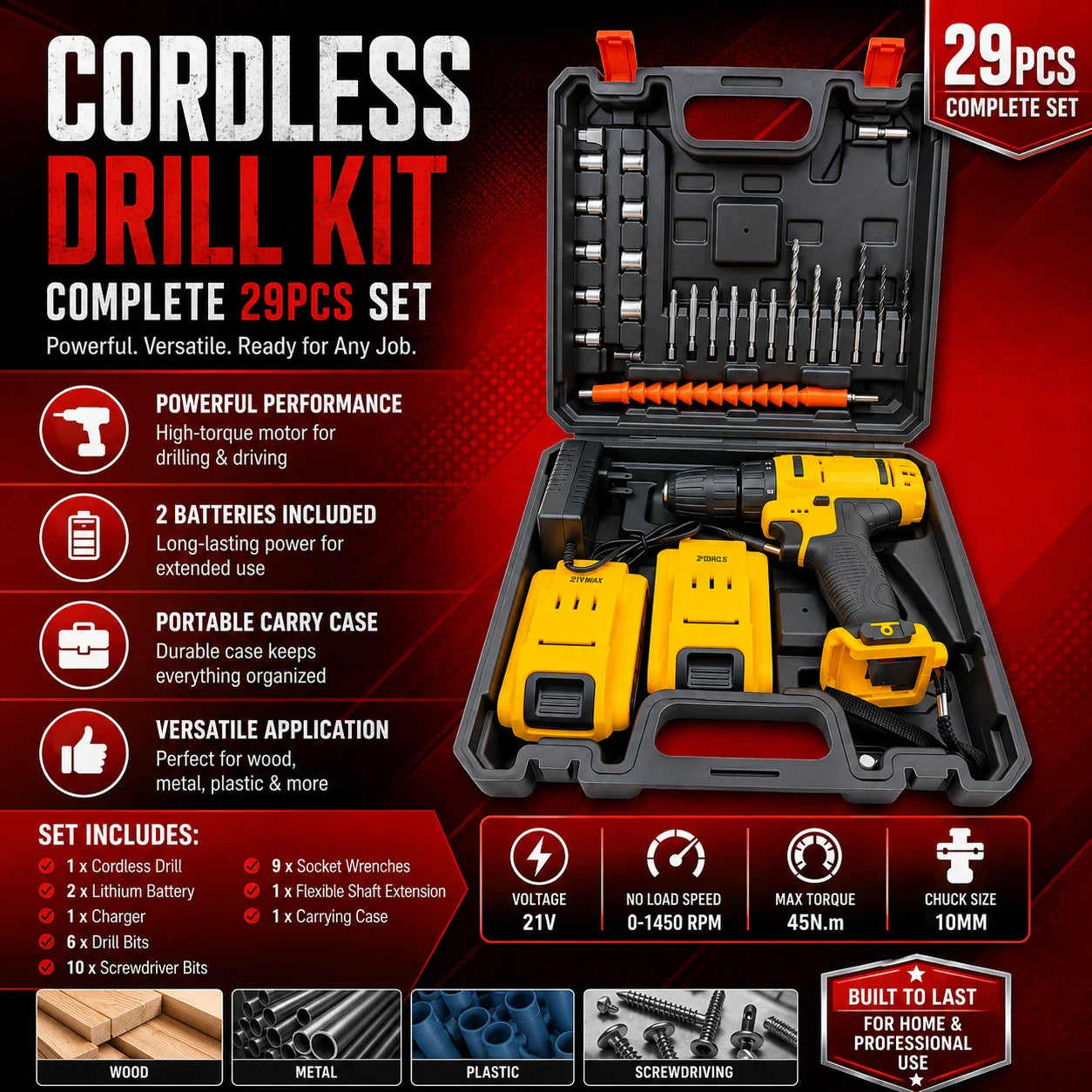 Double Battery Drill Machine Kit Rechargeable Electric Drill Set